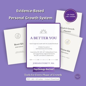Può includere: Un grafico viola e bianco che promuove un sistema di crescita personale. L'immagine mostra un quaderno centrale, "A Better You", e tre guide: un Reset Kit, un Goal & Growth Planner e un Vision Kit. Il sistema è descritto come basato sull'evidenza e supportato dalla psicologia.