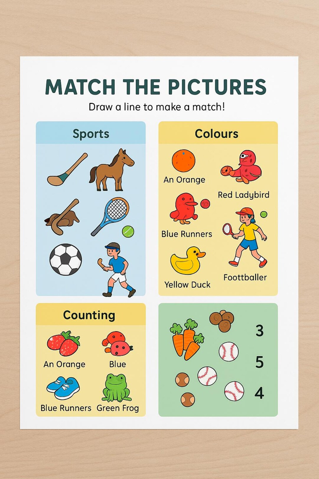 Printable Matching Game for Kids | Sports, Colours & Numbers Activity ...