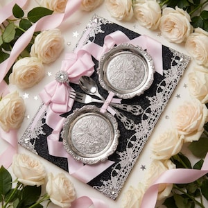 Op de afbeelding: Een rechthoekig zwart glitterdienblad met witte kanten afwerking, voorzien van twee zilverkleurige bordjes met een reliëf van vlinders, een zilveren lepel, een zilveren vork en een lichtroze satijnen lint met een strass-accent.