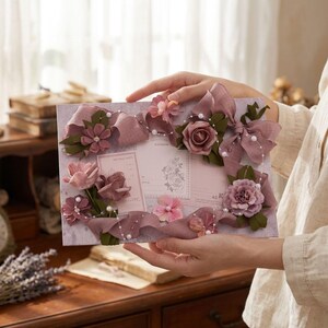 Könnte beinhalten: Eine rechteckige hellviolette Karte, verziert mit mauvefarbenen Stoffbändern, künstlichen Rosen und kleinen grünen Blättern. Die Karte zeigt eine zentrale florale Illustration, zarte perlenartige Schnüre und den aufgedruckten Schriftzug RAINBOW.
