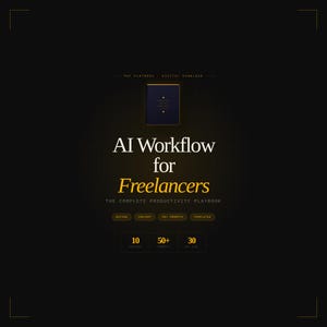 Pode incluir: Um download digital intitulado "AI Workflow for Freelancers" com um ícone de livro azul escuro. O texto da capa diz "AI Workflow for Freelancers: The Complete Productivity Playbook." Inclui 10 capítulos, mais de 50 prompts e 30 modelos.