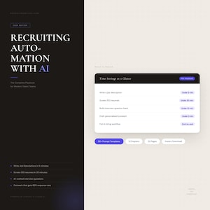 Puede incluir: Un manual digital titulado "Recruiting Automation with AI" sobre un fondo blanco. La portada presenta el título en texto blanco grande con un acento azul. El manual promete ahorro de tiempo, incluida la redacción de descripciones de trabajo en 5 minutos y la selección de 100 currículums en 30 minutos.