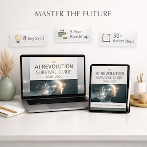 Puede incluir: Un portátil y una tableta muestran la portada de "The AI Revolution Survival Guide 2026-2030". La imagen también incluye iconos para 8 habilidades clave, una hoja de ruta de 5 años y más de 50 pasos de acción. El texto "Master the Future" está en la parte superior.