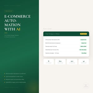 May include: A promotional graphic in green and white, advertising e-commerce automation with AI. The text states "E-COMMERCE AUTOMATION WITH AI" and "The Complete Manager Playbook for Shopify Store Owners." It includes time-saving data and features.