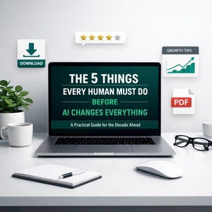 Puede incluir: Una computadora portátil muestra el texto "THE 5 THINGS EVERY HUMAN MUST DO BEFORE AI CHANGES EVERYTHING". Iconos de descarga, consejos de crecimiento y un PDF rodean la pantalla. Un bloc de notas, bolígrafo, ratón y gafas están en el escritorio blanco.