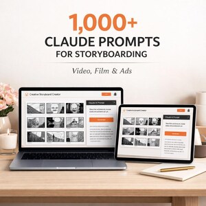 Puede incluir: Un portátil y una tableta muestran una interfaz de creación de guiones gráficos con el texto "1,000+ CLAUDE PROMPTS FOR STORYBOARDING." La interfaz muestra una serie de paneles en blanco y negro. También se ve el texto "Video, Film & Ads".