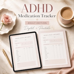May include: An ADHD Medication Tracker digital and printable planner set for adults. The layout includes fields for medication, date, time taken, side effects, and notes. The design features a soft pink color palette with elegant typography.