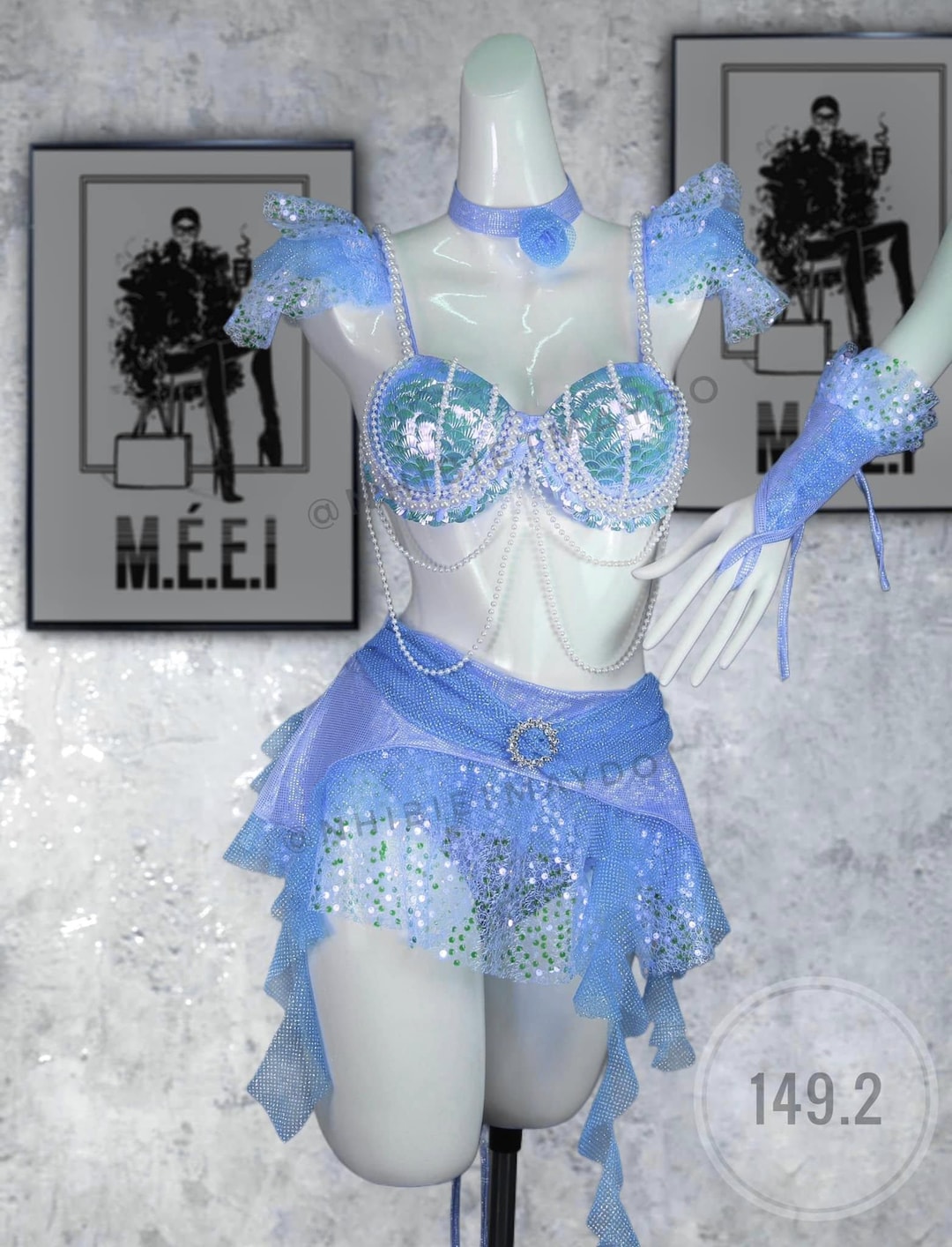 Blue Sequin Mesh Rave Outfit: Mermaid Festival Costume With Ruffle ...
