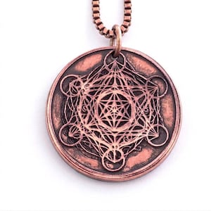 Hand-engraved pure copper Metatron's Cube pendant - Sacred Geometry Jewelry, Professional varnish protection, 61 cm chain included