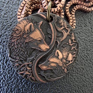 Handcrafted copper yin-yang wolf pendant, balance and duality totem animal necklace, spiritual jewelry, shamanic style