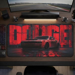 Dodge Challenger Hellcat Widebody Desk Mat - Red Grunge Industrial Art XXL Gaming Mouse Pad - Mopar Muscle Car Gift for Men & Office