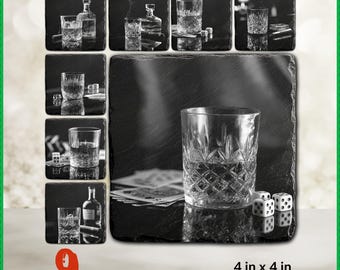 Whiskey and Cards Laser Engraving Files | Slate Coaster PNG Set for Glowforge, xTool, OmTech