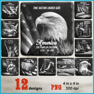 May include: A collection of 12 black slate coasters, each 4x4 inches, featuring patriotic designs. The coasters display images of the American flag, eagle, Statue of Liberty, and historical scenes, with text that reads "America 250 years of freedom 1776-2026".