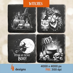 May include: Set of four black and white Halloween-themed slate coasters. Designs include a witch with an owl, a witch flying in front of a full moon, a cauldron with skulls, and a black cat with a witch hat. The text "WITCHES" and "FLYING BY TO SAY BOO!" are visible.