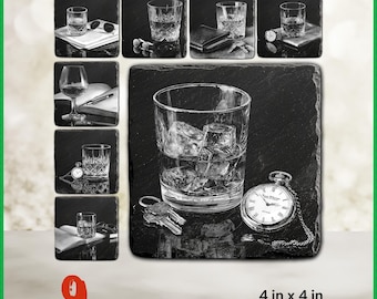 May include: Black and white image of nine different designs of square slate coasters. Each coaster features a different image of a glass with ice, a pocket watch, keys, and other items. The coasters are 4 inches by 4 inches.