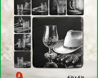 May include: Black and white coasters with a Western theme. The coasters feature images of whiskey glasses, cowboy hats, boots, and wanted posters. Each coaster is 4 inches by 4 inches.