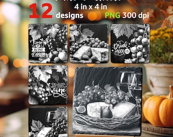 Wine and Cheese Coaster Bundle PNG Files for Laser Engraving | Glowforge, xTool, Lightburn Compatible
