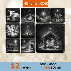 Puede incluir: Una colección de 12 diseños de escenas de la Natividad en blanco y negro. Cada diseño representa una escena diferente de la historia de la Natividad, incluyendo el nacimiento de Jesús, la visita de los Reyes Magos y ángeles. El texto "Nativity Scene" está incluido.