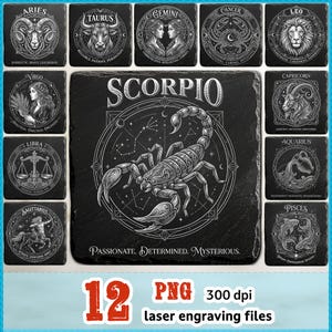 May include: A set of twelve square black slate coasters featuring white laser-engraved zodiac signs. Each coaster displays a detailed astrological illustration, the name of the sign, and descriptive keywords. The central Scorpio coaster is prominent.