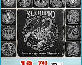 May include: A set of twelve square black slate coasters featuring white laser-engraved zodiac signs. Each coaster displays a detailed astrological illustration, the name of the sign, and descriptive keywords. The central Scorpio coaster is prominent.