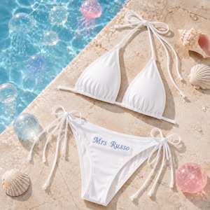 Personalized White Bridal Bikini | Custom Embroidered Mrs. Swimsuit, Bachelorette Outfit