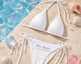 Bikini nupcial blanco personalizado / Traje de baño de la Sra. bordado a medida, atuendo para despedida de soltera