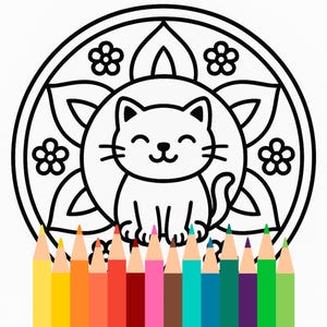 Può includere: Un disegno a tratto nero e bianco di un gatto all'interno di un disegno circolare con fiori. Sotto il disegno ci sono una fila di matite colorate in vari colori, tra cui giallo, arancione, rosso e verde.