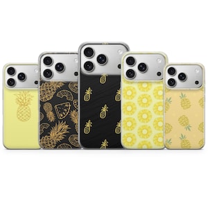 May include: Five phone cases with pineapple designs. The cases display patterns such as a yellow case with a pineapple outline, a black case with gold pineapples, and a yellow case with pineapple slices.