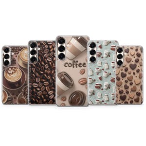 May include: Five clear smartphone cases featuring coffee-themed designs. Patterns include latte art in cups, scattered roasted coffee beans, a takeaway cup with the word coffee, a light blue background with small coffee pots, and brown heart shapes.