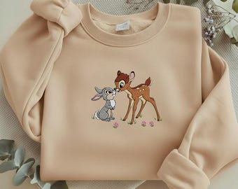 Bambi and Thumper Embroidered Sweatshirt, Cute Disney Forest Animal Crewneck, Aesthetic Bambi Flower TShirt, Retro Disney Gift Y-08012617