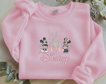 Pink Disney Castle Embroidered Sweatshirt, Mickey Minnie Princess Tee, Magical Kingdom Embroidery, Disney Girl Trip Shirt Y-24022627
