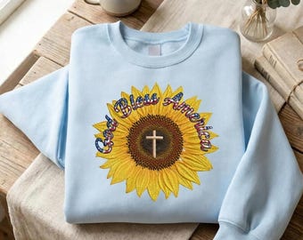 Sudadera con girasoles "Dios bendiga a América", cuello redondo patriótico cristiano, camiseta de fe estadounidense, jersey floral con cruz para el 4 de julio R-15042619