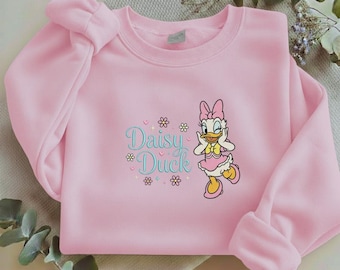 Custom Name Daisy Duck Embroidered Sweatshirt, Daisy Duck Hearts Flowers Shirt, Cute Disney Girl Trip Gift, Magical Kingdom Top Y-24022621