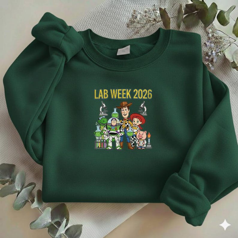 Puede incluir: Sudadera verde oscuro con el texto "LAB WEEK 2026" en dorado. El gr&aacute;fico presenta personajes de dibujos animados con equipos de laboratorio. Los personajes incluyen un dinosaurio verde, Buzz Lightyear, Woody, Jessie y un cerdo.
