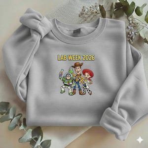 May include: A light gray sweatshirt featuring a cartoon graphic of Buzz Lightyear, Woody, and Jessie. The text "LAB WEEK 2026" is printed above the characters in yellow. The sweatshirt has long sleeves and a crew neck.