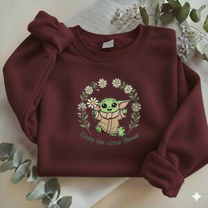 May include: Burgundy sweatshirt featuring a graphic of a green alien character surrounded by a daisy wreath, holding a flower and a small frog. The text "Enjoy the little things" is below the graphic.