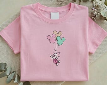 Sudadera bordada de Piglet y Mickey con globos, sudadera de cuello redondo de Winnie the Pooh de Disney, linda camiseta de Piglet en tonos pastel, regalo para viaje a Disney Y-26022602