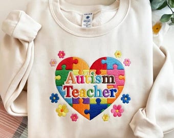 Autism Teacher Embroidered Sweatshirt, Colorful Puzzle Heart Faith Shirt, Special Education Teacher Gift, Neurodiversity AwarenessR-15042625
