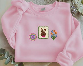 Embroidered Spring Bunny Sweatshirt, Rabbit Scalloped Frame Crewneck, Floral Tulip Bouquet Shirt, Aesthetic Easter Gift Y-09022603