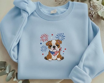 Patriotic Bulldog Embroidered Sweatshirt, 4th of July Dog Crewneck, USA Flag Shirt, Independence Day Gift for Dog Lovers Y-03022636