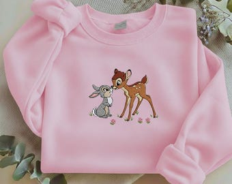 Sudadera bordada de Bambi y Tambor, sudadera con cuello redondo de animales del bosque de Disney, camiseta estética de Bambi con flores, regalo retro de Disney Y-08012617