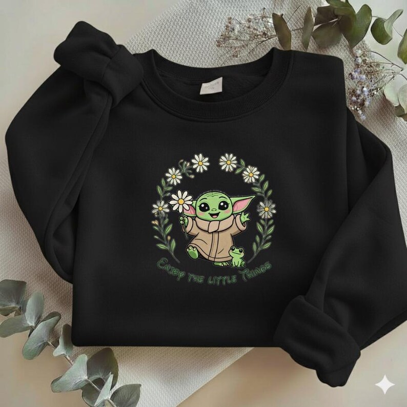Baby Yoda Enjoy The Little Things Embroidered Sweatshirt, Grogu Daisy Shirt, Star Wars Inspired Gift, Cute Mandolorian Apparel Y-03032631S image 6