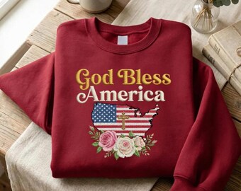 Embroidered God Bless America Sweatshirt, Minimalist Patriotic USA Tee R-15042615
