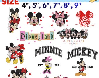Paquete de bordado de Mickey y Minnie para San Valentín, diseños de bordado a máquina de pareja de Disney, conjunto de archivos de puntadas de Mickey Love, descarga digital