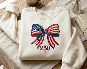 Vintage American Flag Bow Embroidered Sweatshirt, Retro Coquette Aesthetic Patriotic Crewneck, USA Stars and Stripes Embroidery R-15042611