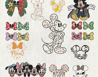 Diseño de bordado de Disney, diseño de bordado floral de Mickey Mouse, bordado a máquina, bordado de luces navideñas de Disney, bordado a máquina