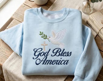 God Bless America Dove Sweatshirt, Christian Patriotic Crewneck, Faith USA Shirt, Cross Peace Dove 4th of July Pullover R-15042620