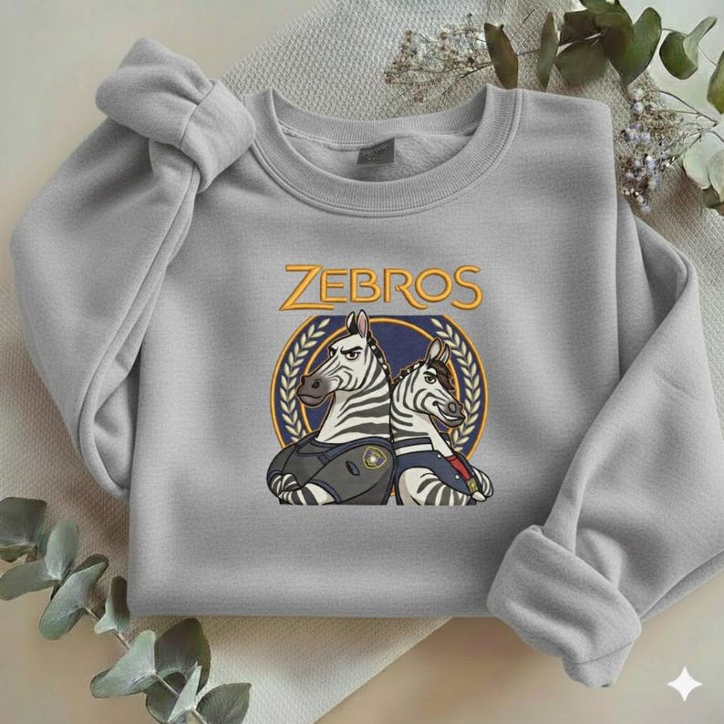 Może przedstawiać: Jasnoszara bluza z okrągłym dekoltem i długimi rękawami. Zawiera kresk&oacute;wkowy wz&oacute;r dw&oacute;ch zebr w policyjnych mundurach, ze złotym napisem "ZEBROS" powyżej. Zebry umieszczone są w niebiesko-złotym emblemacie.