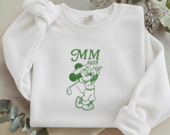 Mickey Golf Embroidered Sweatshirt, Retro MM 1928 Golfing Mouse Embroidery, Classic Cartoon Sports Crewneck R-31032619