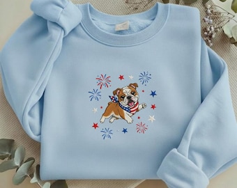 4th of July Bulldog Embroidered Sweatshirt, Patriotic Dog Mom Crewneck, American Flag Puppy Shirt, USA Pullover, Bulldog Gift Y-03022625